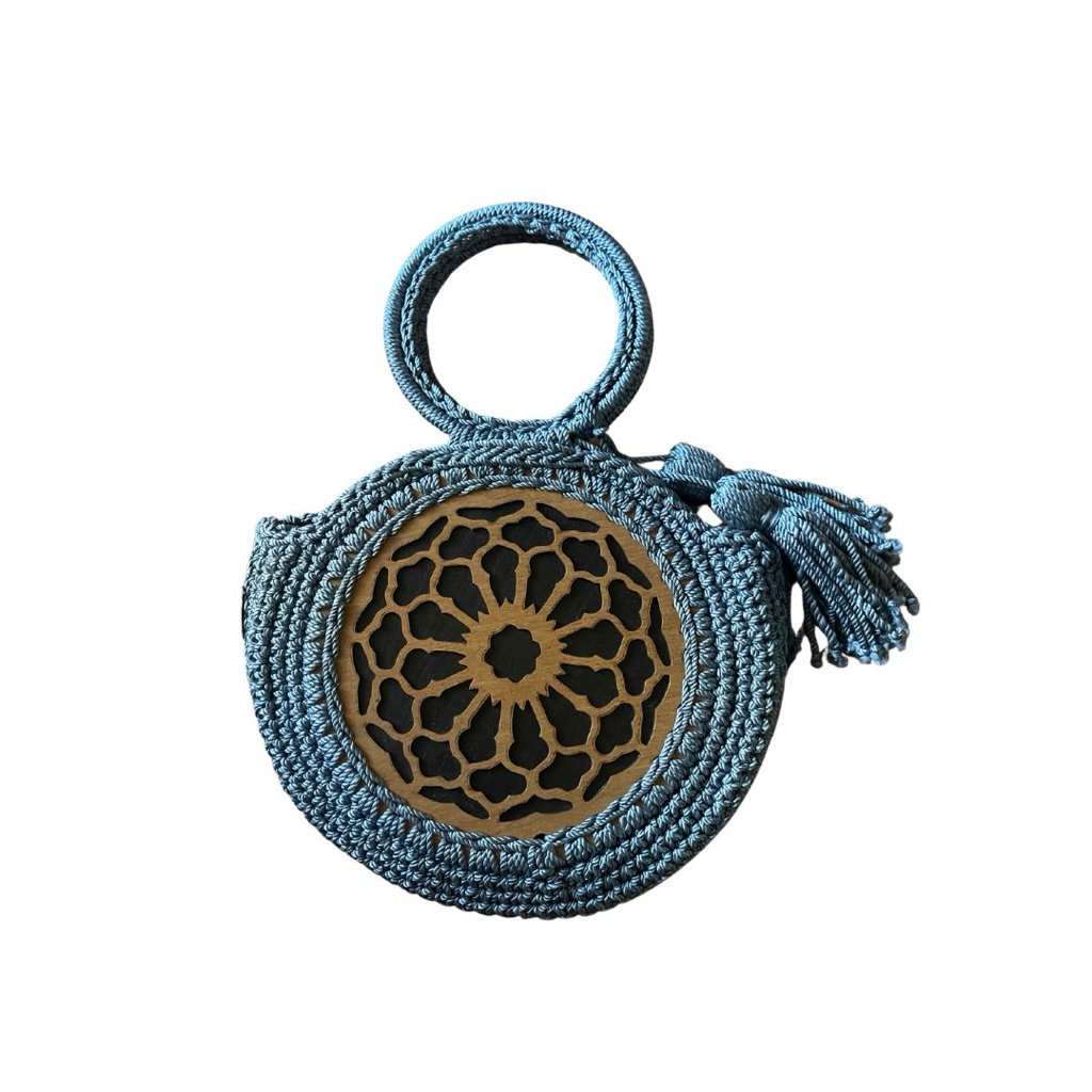 Teal Blue Egyptian Handmade Crochet Bag With Wood Appliqu And Crochet Tassels